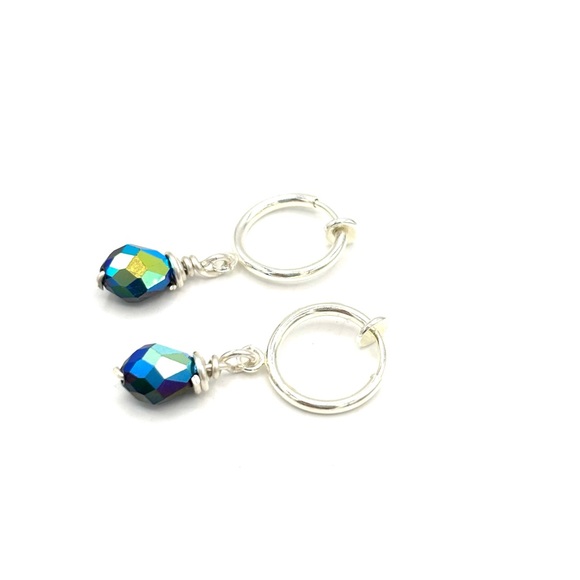 Hand Crafted Clip On Earrings Silver Blue Crystal - Picture 4 of 5